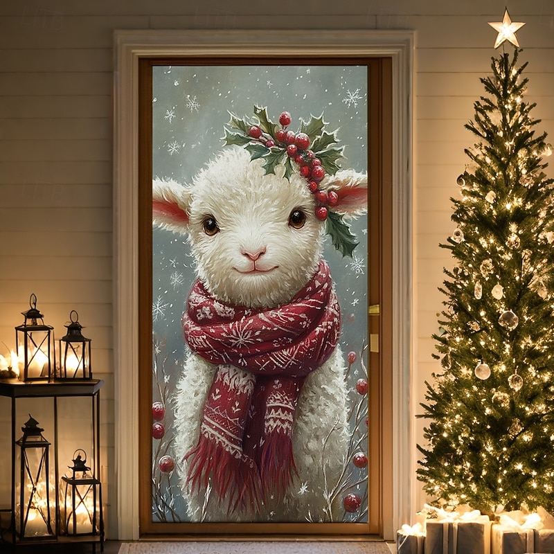 Christmas Door Decorations Door Covers Xmas Sheep Door Tapestry Door Curtain Decoration Backdrop Indoor/Outdoor Door Banner for Front Door Farmhouse