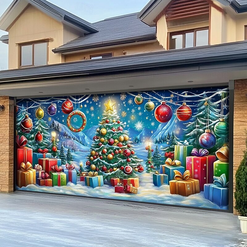 Christmas Door Decorations Outdoor Garage Door Cover Xmas Tree Banner Farmhouse Large Christmas Backdrop for Holiday Outdoor Garage Door Home Wall Decorations 7