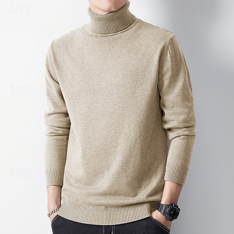 Men's Pullover Sweater Jumper Knit Sweater Ribbed Knit Regular Knitted Plain Turtleneck Fashion Casual Daily Wear Date Clothing Apparel Spring &  Fall Camel Black XS S M4
