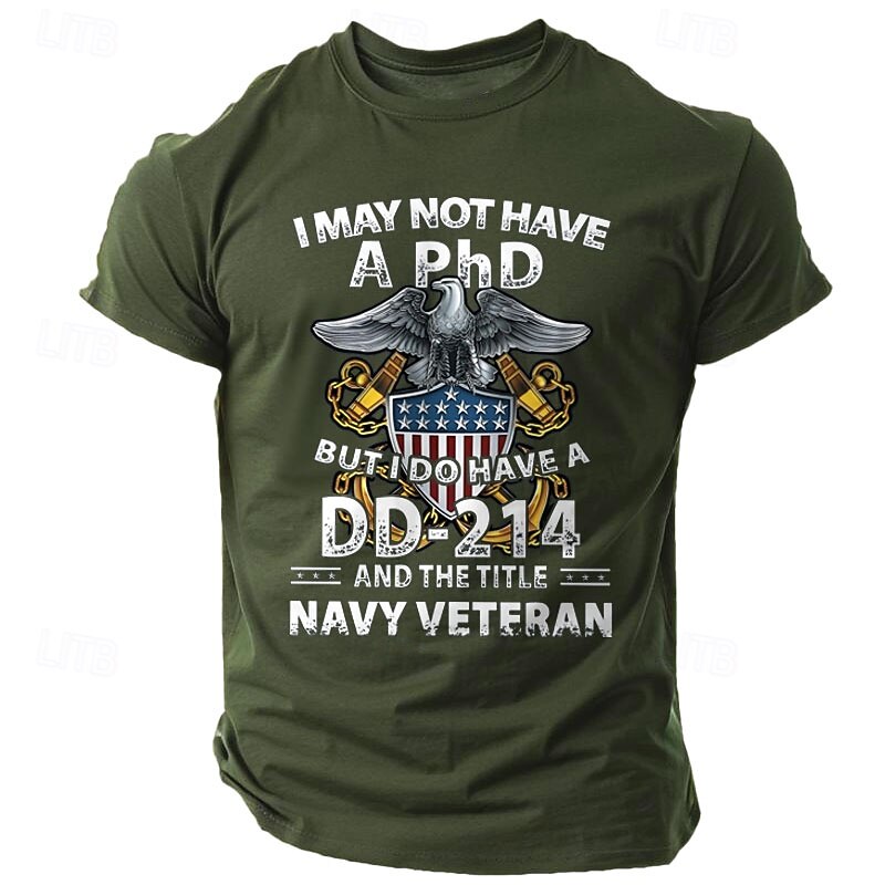 Men's Navy Veteran Graphic T-Shirt - DD-214 & PhD Military Service Pride Short Sleeve Tee