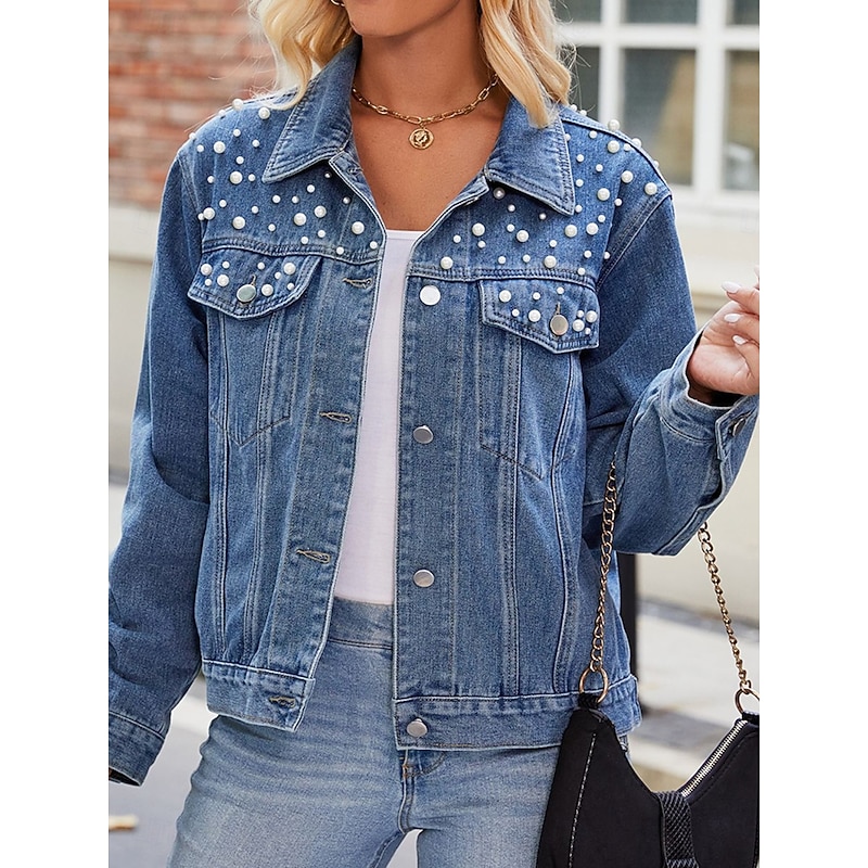Women's Denim Jacket Outdoor Street Daily Wear Fall Winter Short Coat Regular Fit Thermal Warm Breathable Stylish Casual Jacket Long Sleeve Solid Color with Pockets Beaded Black Blue