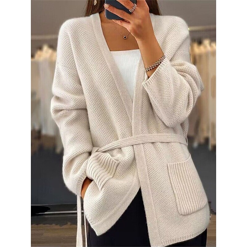 Women's Sweater Cardigan Sweater Jacket V Neck Knit Lace up Pocket Knitted Drop Shoulder Spring Fall Home Daily Weekend Daily Casual Soft Long Sleeve Pure Color Camel Beige3