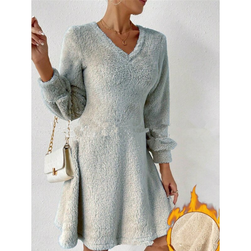 Women's Casual Dress Mini Dress Patchwork Casual V Neck Long Sleeve Black Apricot Gray Color2