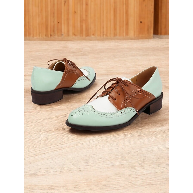 Women's Vintage Oxford Shoes in Mint Green, Brown, and White - Lace-Up Brogue Wingtip Dress Shoes for Casual and Semi-Formal Wear3