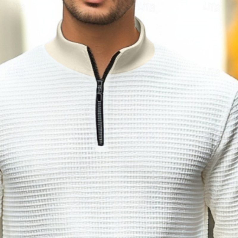 Men's Waffle Polo Shirt Quarter Zip Polo Outdoor Causal Quarter Zip Long Sleeve Fashion Modern Solid Color Knitted Spring &  Fall Standard Fit Beige Waffle Polo Shirt2
