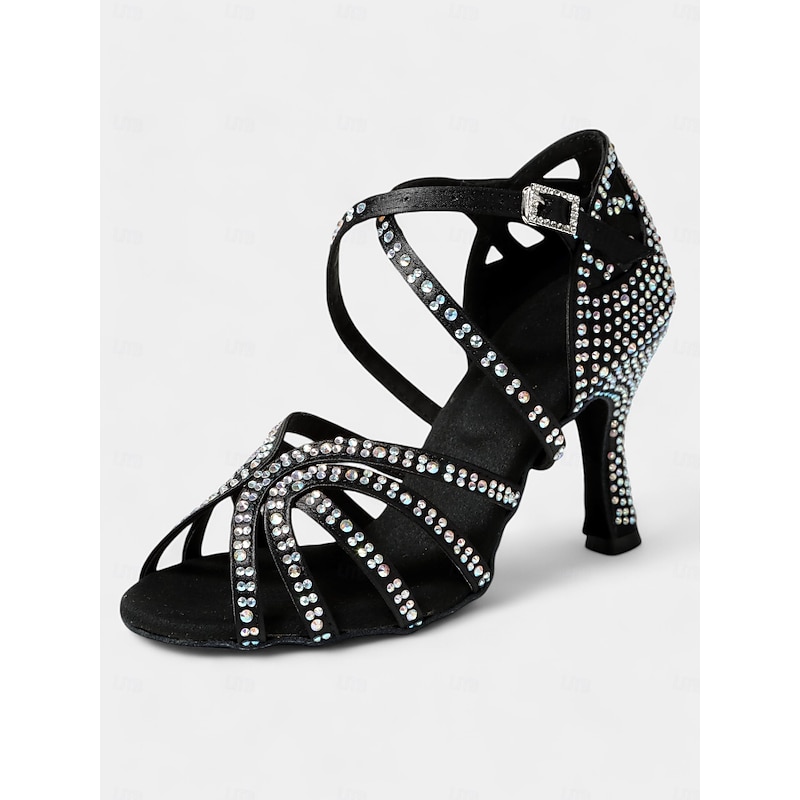 Women's Black Rhinestone Latin Dance Heels with Soft Suede Sole – Sparkling Open-Toe Ballroom Shoes for Salsa, Tango & Party Events4