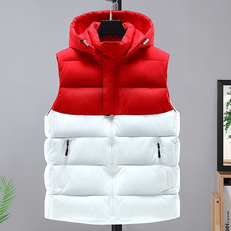Men's Puffer Vest Padded Gilet Quilted Vest Daily Date Vacation Fashion Casual Fall & Winter Pocket Polyester Warm Comfortable Solid Color Zipper Hooded Regular Fit Black Dark Red Red Vest