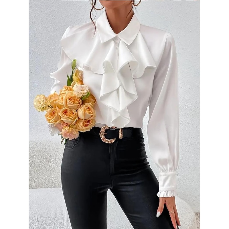 Women's Shirt Elegant Dressy Satin Elegant Active Long Sleeve Crew Neck Black White Spring Fall Winter