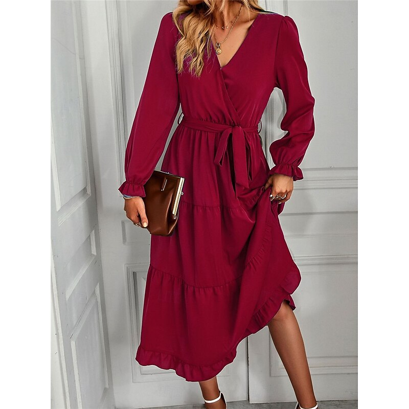 Women's Casual Dress Midi Dress Lace up Ruffle Casual V Neck Long Sleeve Black Pink Red Color4