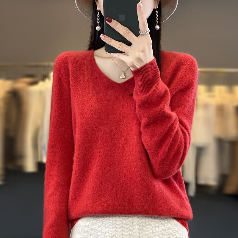 Women's Sweater Pullover Sweater Fuzzy Jumper V Neck Ribbed Knit Knitted Fall Winter Outdoor Daily Weekend Casual Soft Long Sleeve Pure Color Red Fuchsia2