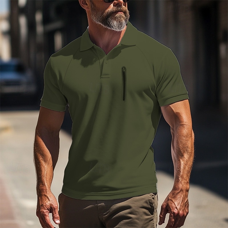 Men's Polo Shirt Golf Polo Work Street Classic Short Sleeve Fashion Muscle Solid Color Zipper Quick Dry Summer Spring Fall Black Army Green Navy Blue Gray Polo Shirt