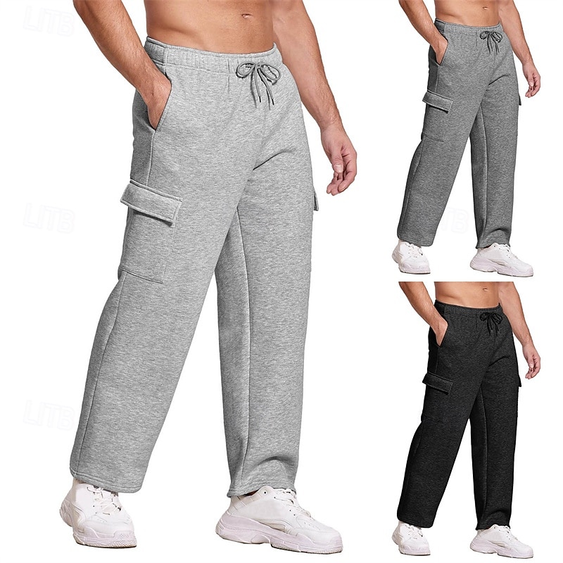 Men's Sweatpants Joggers Trousers Cargo Sweatpants Straight Leg Sweatpants Drawstring Elastic Waist Multi Pocket Plain Comfort Warm Full Length Outdoor Casual Daily Sports Fashion Black Light Grey - Main Image