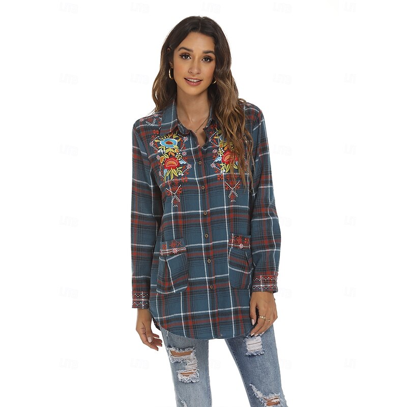 Women's Boho Shirt Floral Plaid Flower Casual Boho Long Sleeve Bishop Sleeve Shirt Collar Regular Tops Valentine's Day Work Daily Embroidered Blue Spring, Fall, Winter, Summer