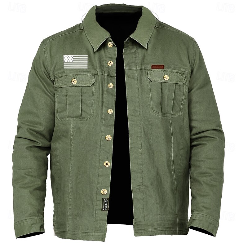 Men's American US Flag Patriotic Work Shirt Western Shirt Cargo Shirt Long Sleeve Vintage Casual Tactical Sports & Outdoor Going out Winter Spring &  Fall Turndown Print Army Green Khaki
