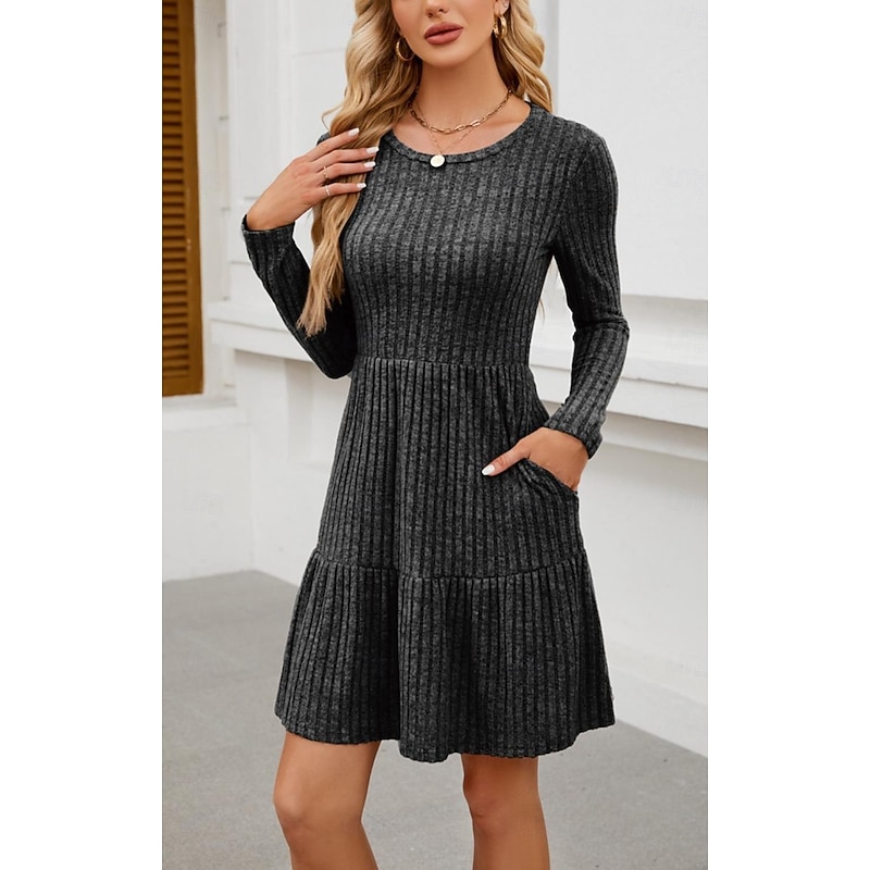 Women's Work Dress Black Dress Elegant Daily Mini Dress Design Crew Neck Long Sleeve Plain Loose Fit Black Spring Fall S M L XL 2XL3