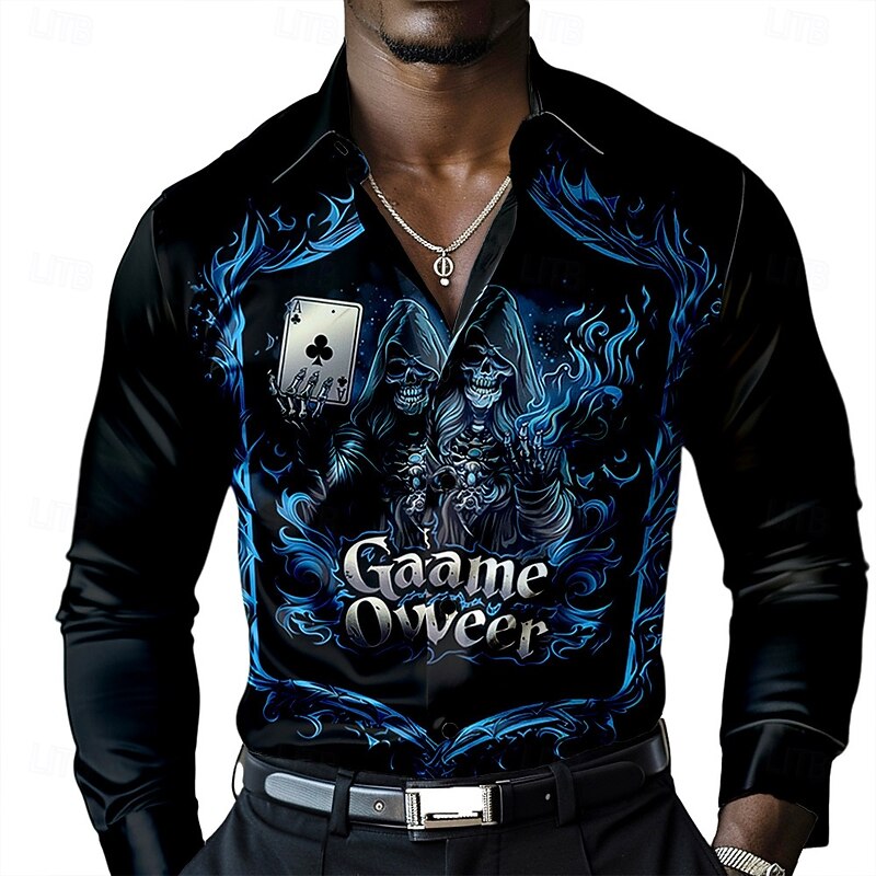 Halloween Men's Cool Skulls Satin Shirt Dress Shirt Button Up Shirt Long Sleeve Fashion Casual Vacation Party Evening Wear Dailywear Summer Spring Fall Collared Shirts 3D Print Black
