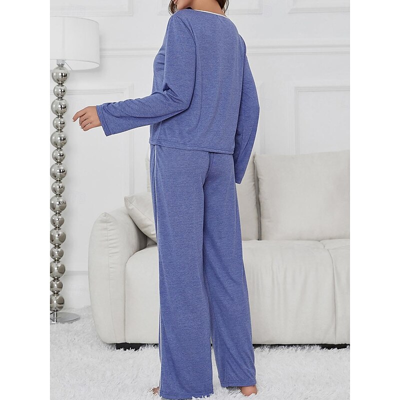 Women's Pajama Set Pure Color Casual Comfort Home Daily Comfort Warm V Neck Long Sleeve T shirt Tee Pant Elastic Waist Fall Winter Home Outfits2