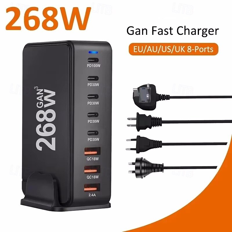 268W Desktop GaN Charger 8-port USB Type C PD Charger Fast Charge 3.0 USB Type C Fast Charger Mobile USB Charger