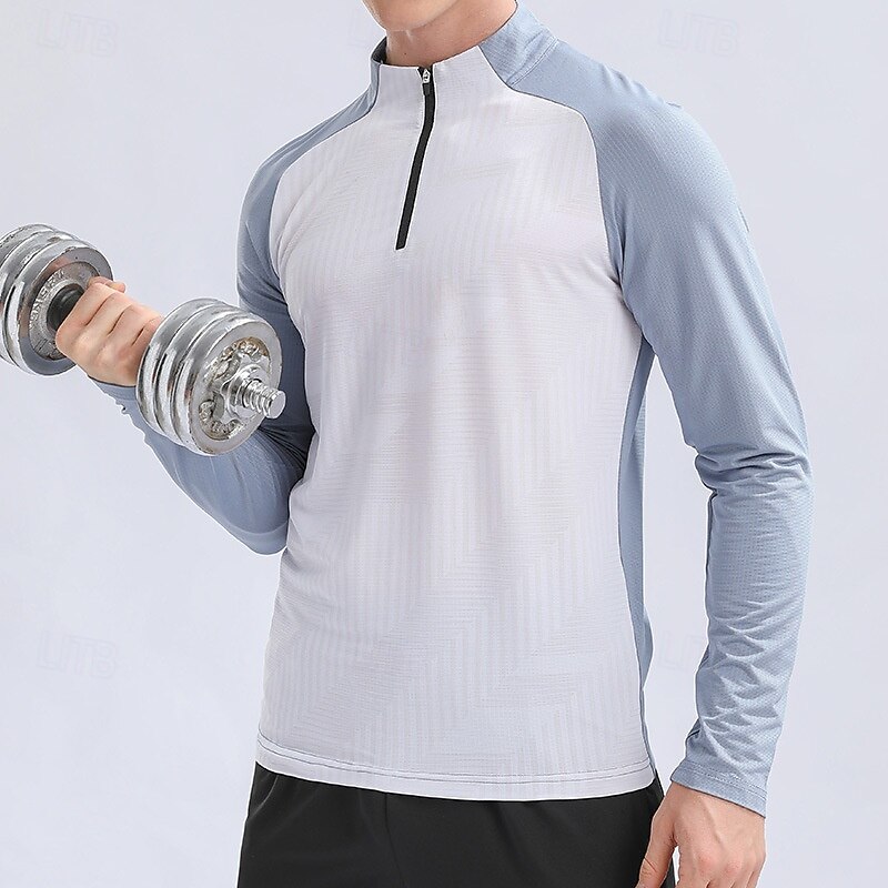 Men's Running T-Shirt Long Sleeve Tee Tshirt Casual Athleisure Fall Color Block Breathable Gym Workout Walking Jogging Sportswear Activewear Hemp gray White Gray+Blue