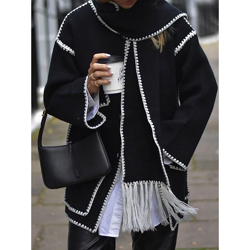 Women's Winter Coat Outdoor Street Daily Wear Fall Winter Regular Coat Regular Fit Thermal Warm Breathable Stylish Casual Jacket Long Sleeve Plain Tassel Fringe with Pockets Black White Khaki4