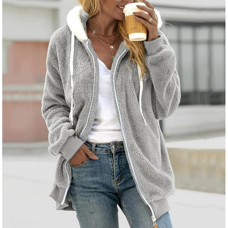 Women's Casual Jacket with Pockets Solid Color Warm Stylish Loose Fit Outerwear Long Sleeve Fall Burgundy S3