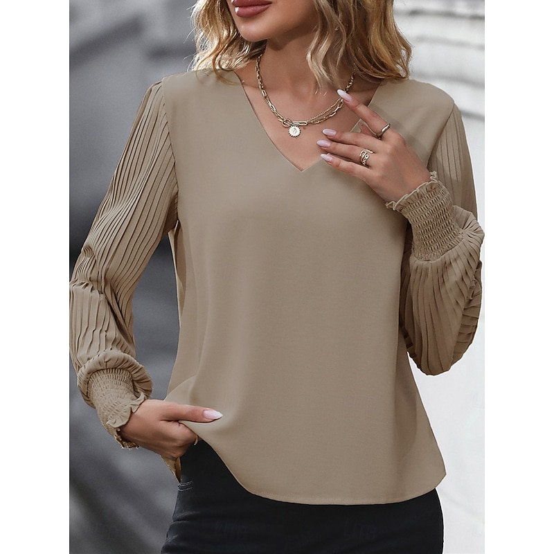 Women's Shirt Blouse Solid Color Basic Casual Long Sleeve V Neck Regular Tops Daily Pink Khaki Light Blue Fall Winter