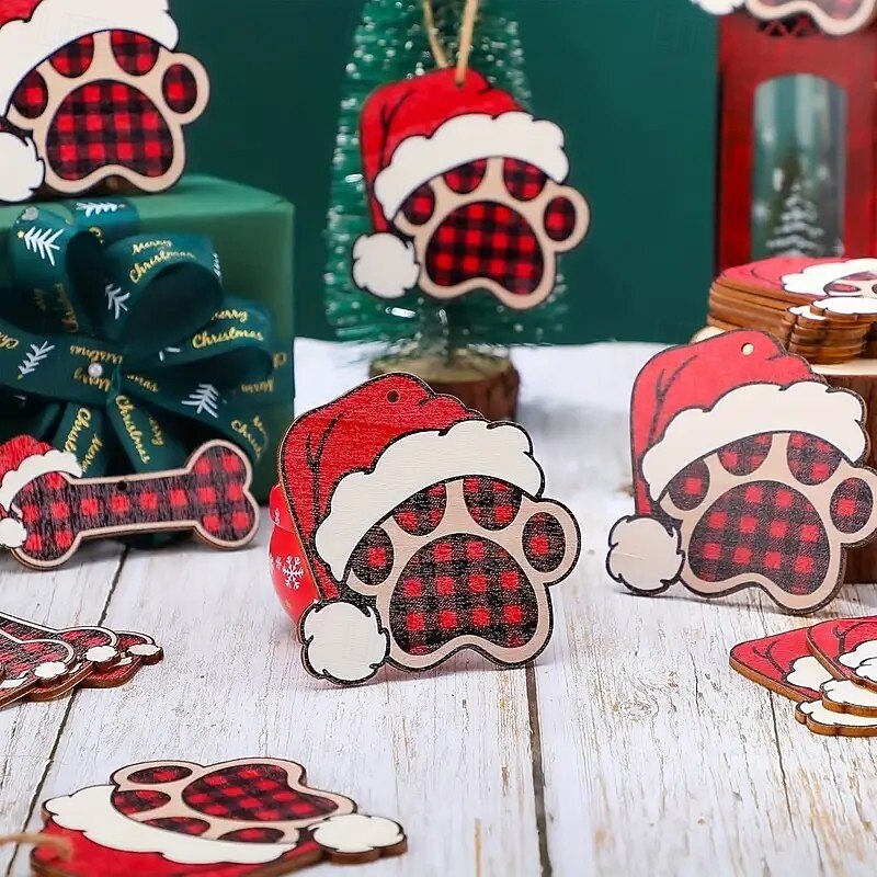 20pcs Dog Paw Christmas DIY Ornaments, Plaid Cut-Out Wooden Dog Bone Paw Print Decorations for Xmas Tree, Personalized Pet Name Tags, Perfect Holiday Gifts for Pet Lover2