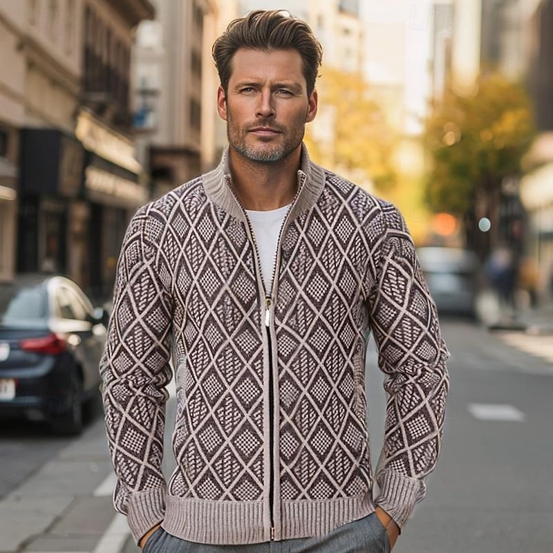Men's Cardigan Zip Sweater Chunky Knit Regular Zipper Pocket Geometric Standing Collar Knitwear Elegant Home Work Clothing Apparel Bishop Sleeve Spring Fall Black Navy Blue M L XL2