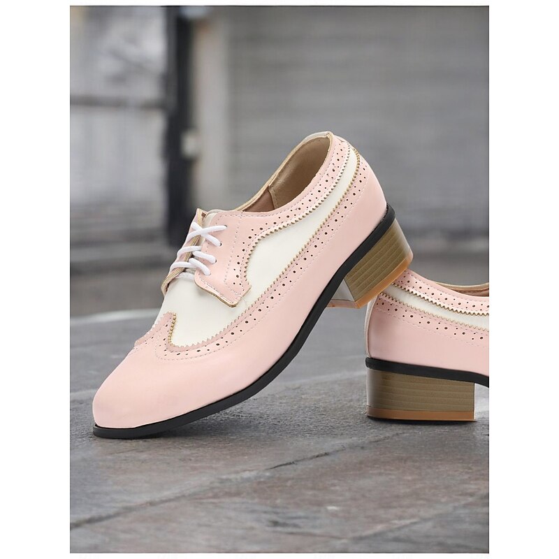 Women's Vintage Two-Tone Oxford Shoes - Pink and White Brogue Lace-Up Low Heel for Retro Style and Everyday Wear2