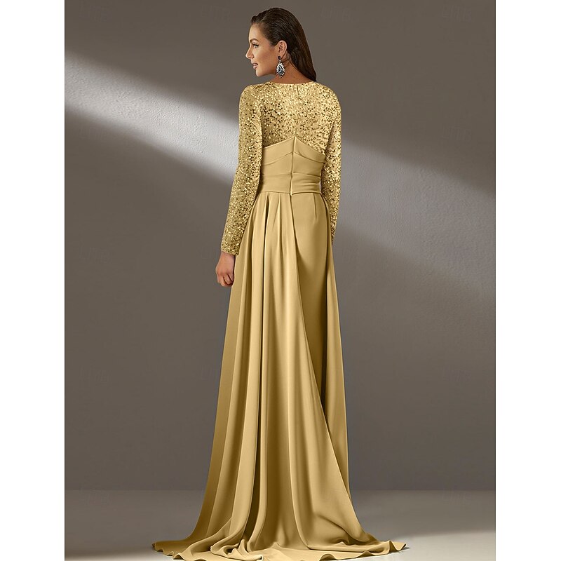 Sheath Evening Gown Elegant Dress Formal Floor Length Long Sleeve Jewel Neck Pocket Silk with Sequin2