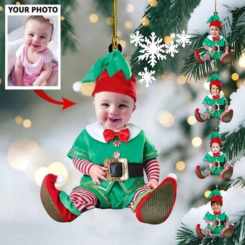 5 Packs Personalized Photo Christmas Ornaments Acrylic 2D Custom Elf Baby Face Christmas Tree Ornaments Xmas Decoration Hanging Pendant Gifts