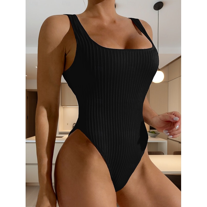 Women's One-piece  Tummy Control Bathing Suits Textured Square Neck Solid Color Holiday Vacation Skinny Strapless Black White swimwear4