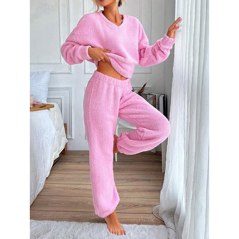 Women's Pajama Set 2 Pieces Print Comfort Home Daily Comfort Warm V Neck Long Sleeve Pullover Pant Spring Fall Home Outfits4