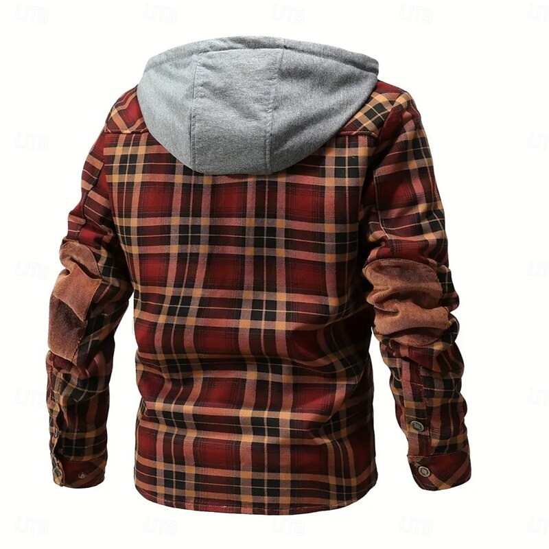 Men's Shirt Jacket Fleece Jacket Shacket Formal Home Warm Hooded Winter Spring &  Fall Grid / Plaid Vintage Western Style Shirt Collar Regular Red Navy Blue Green Khaki Dark Grey Jacket3