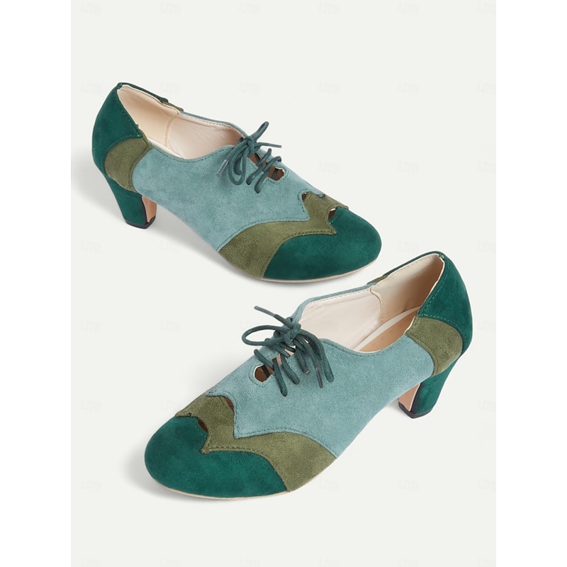 Vintage Two-Tone Faux Suede Lace-Up Women's Oxford Shoes – Retro-Inspired Green and Teal Block Heel Shoes for Casual and Office Wear3