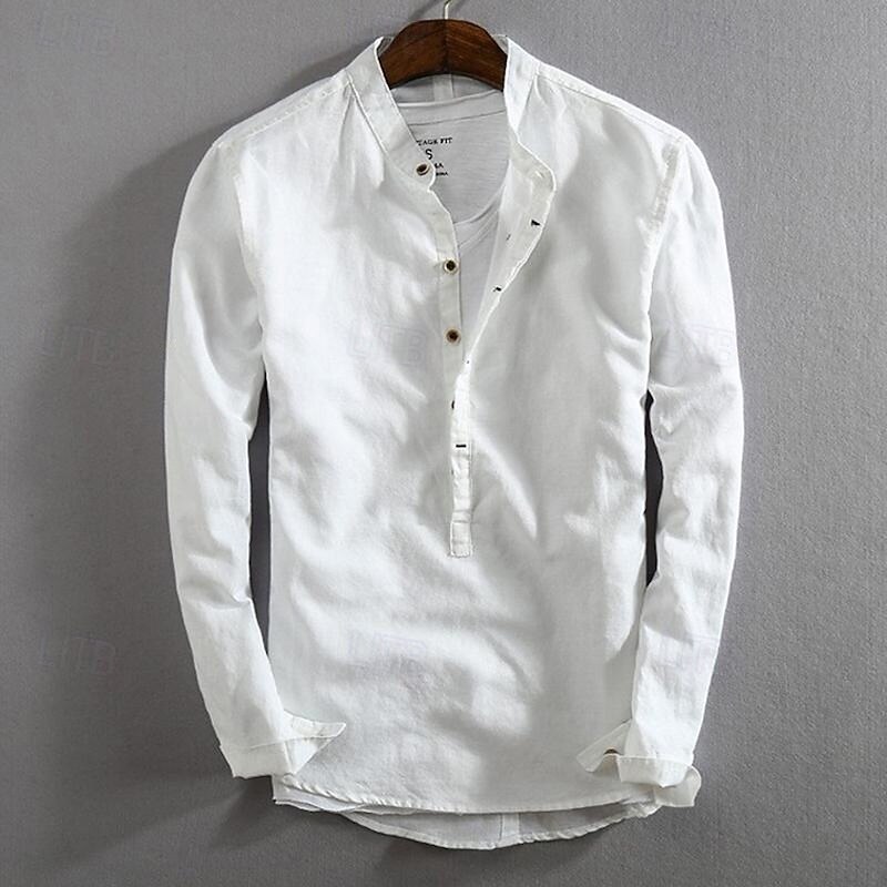 Men's Shirt Linen Shirt Cotton Linen Shirt White Cotton Shirt Chinese Collar Shirt Mandarin Collar Shirt Plain Vacation Hawaiian White Dark Blue Gray Light Blue Long Sleeve Band Collar Spring &  Fall4