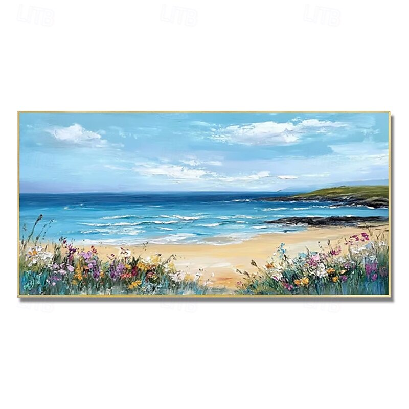 Sandy Sea Shore Flowers Blue Sky Hand Painted Wall Decor Living Room Acrylic Abstract Oil Painting Office Wall Art Textured Painting No Frame3