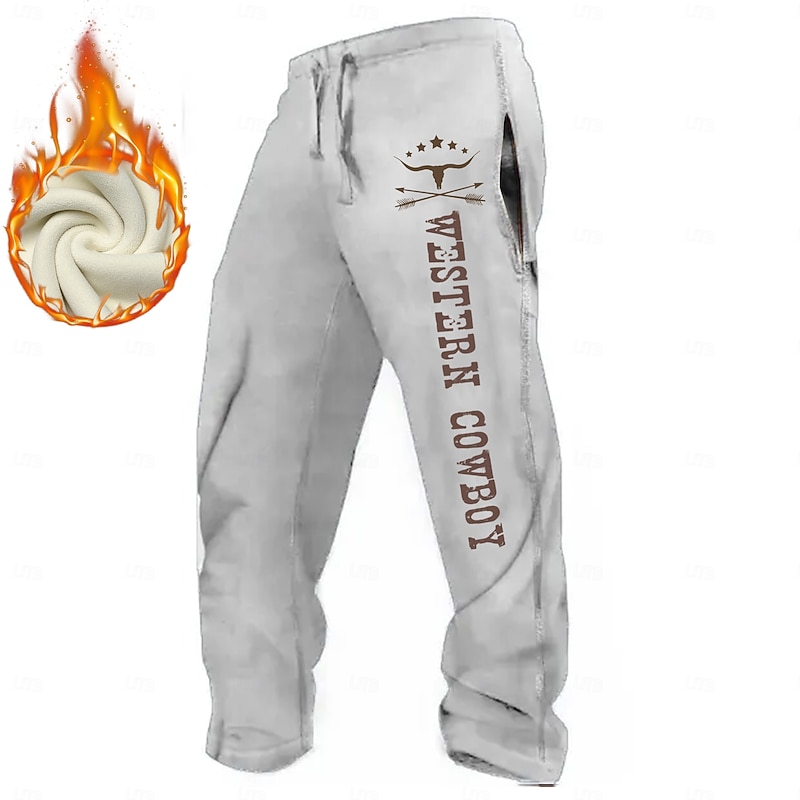 Men's Cowboy Joggers Fleece Sweatpants Drawstring Elastic Waist Vintage Casual Outdoor Home Street Pocket Straight Leg Trousers Thermal Winter 3D Print Black White Brown2