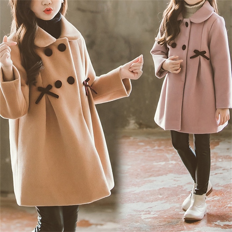 Kids Girls' Woolen Coat Long Sleeve Pink Khaki Solid Color Button Fall Winter Fashion School 3-7 Years3