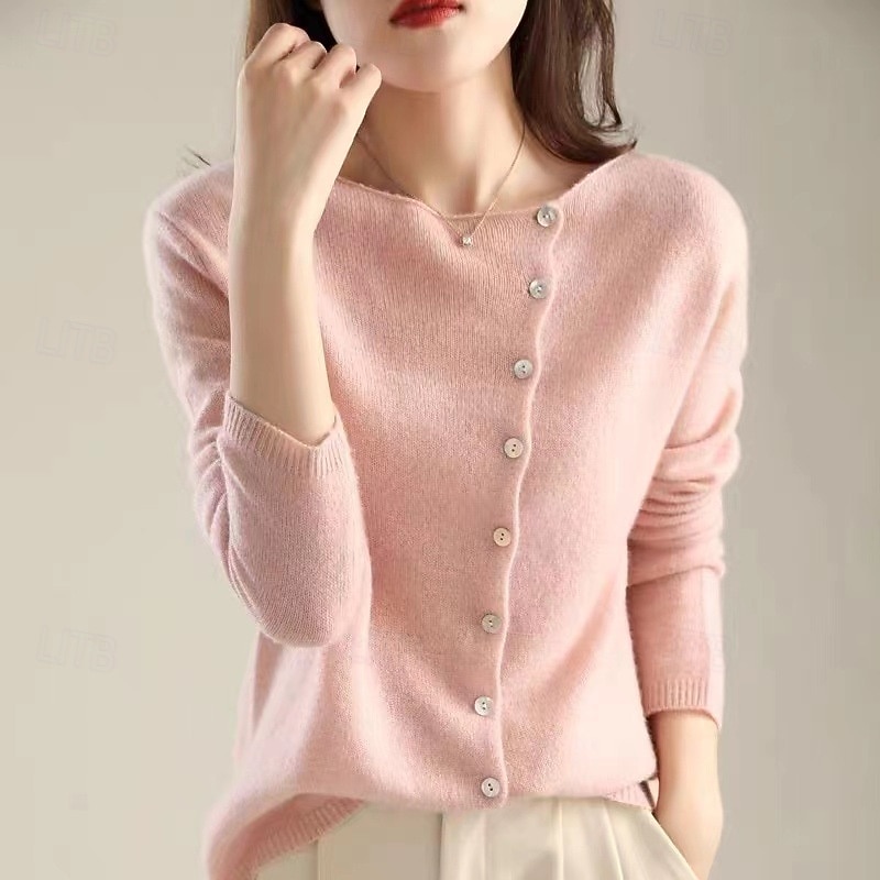 Women's Cardigan Elegant Fashion Daily Solid Color Fuzzy Crew Neck Knitted Long Sleeve Regular Tops Knit Work Pink Beige Fall Winter3