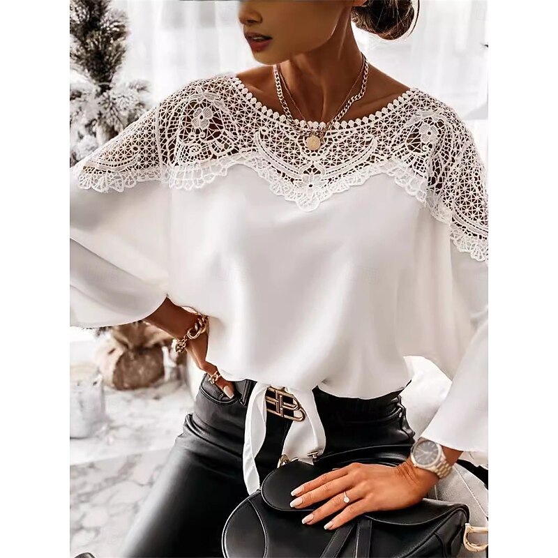 Women's Shirt Blouse Solid Color Basic Casual 3/4 Length Sleeve Crew Neck Regular Tops Daily Lace Patchwork Black White Fall Winter2