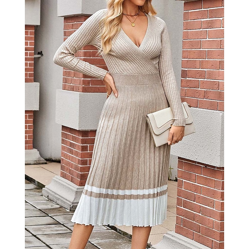 Women's Sweater Dress Elegant Fashion Daily Solid Color Striped V Neck Pleated Knitted Long Sleeve Long Tops Knit Formal Work White / Black Khaki Fall Winter
