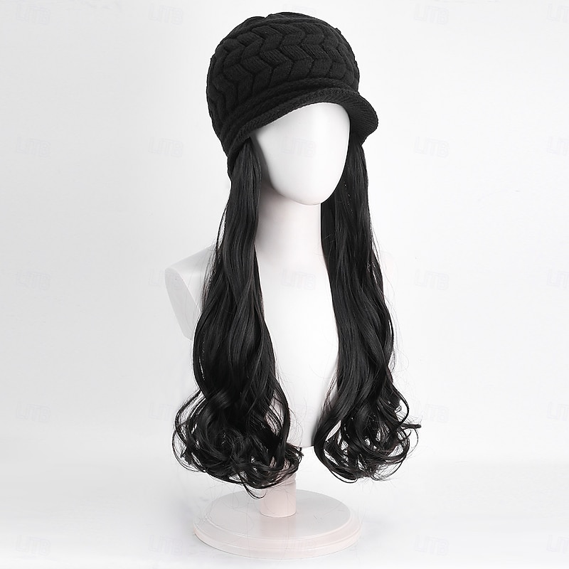 Hat Wig Beanie Hat with Hair Long Wavy Extensions Knit Pom Pom Hat  for Women Winter Black