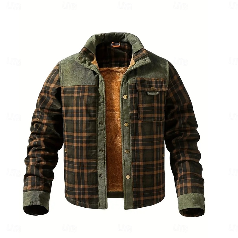 Men's Shirt Jacket Fleece Jacket Shacket Formal Home Warm Pocket Winter Spring &  Fall Grid / Plaid Vintage Fashion Shirt Collar Regular Army Green Jacket