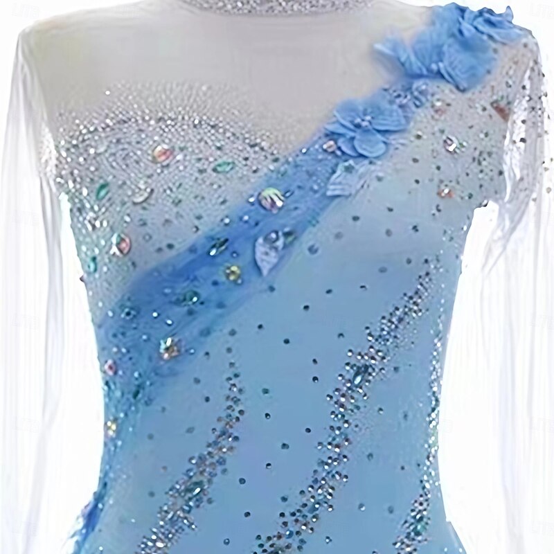 Figure Skating Dress Women's Girls' Ice Skating Dress Blue Thumbhole Halo Dyeing Mesh Spandex Stretchy Training Practice Professional Skating Wear Thermal Warm Classic Crystal / Rhinestone Long Sleeve3