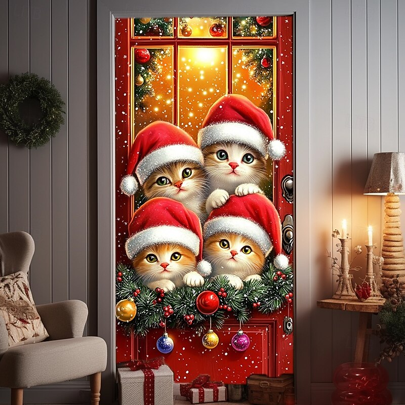 Christmas Door Decorations Door Covers Xmas Garland Ornaments Door Tapestry Door Curtain Decoration Backdrop Indoor/Outdoor Door Banner for Front Door Farmhouse Animal Cats4