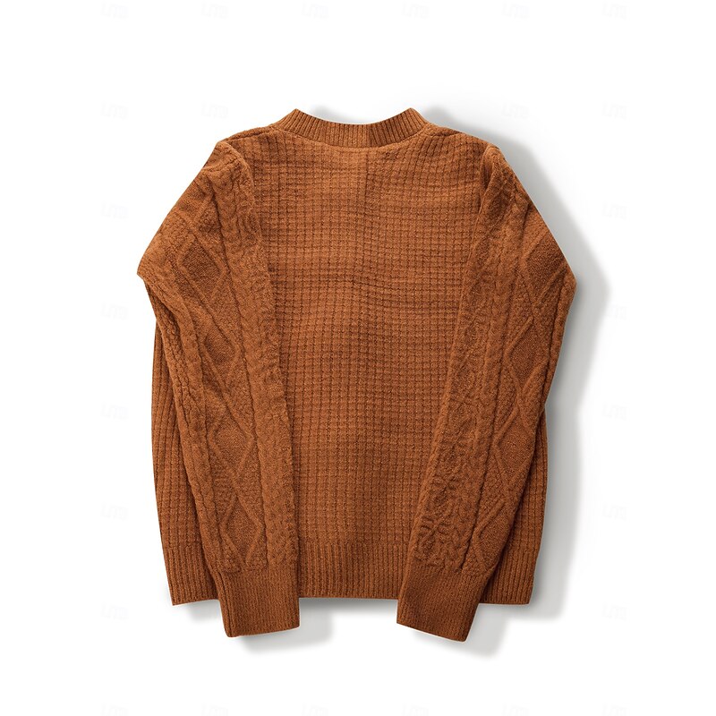 Women's Aran Cardigan Crew Neck Cable Knit Knitted Fall Winter Work Elegant Daily Long Sleeve Solid Color Camel2