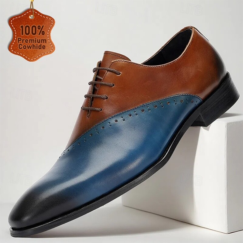 Men's Premium Cowhide Leather Oxford Shoes – Brown to Blue Gradient Formal Dress Shoes with Brogue Detailing for Business and Special Occasions