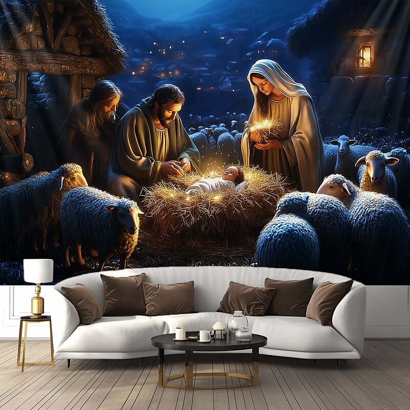 Christmas Hanging Tapestry Nativity Scene Xmas Manger Wall Art Large Tapestry Mural Decor Photograph Backdrop Blanket Curtain Home Bedroom Living Room Decoration2