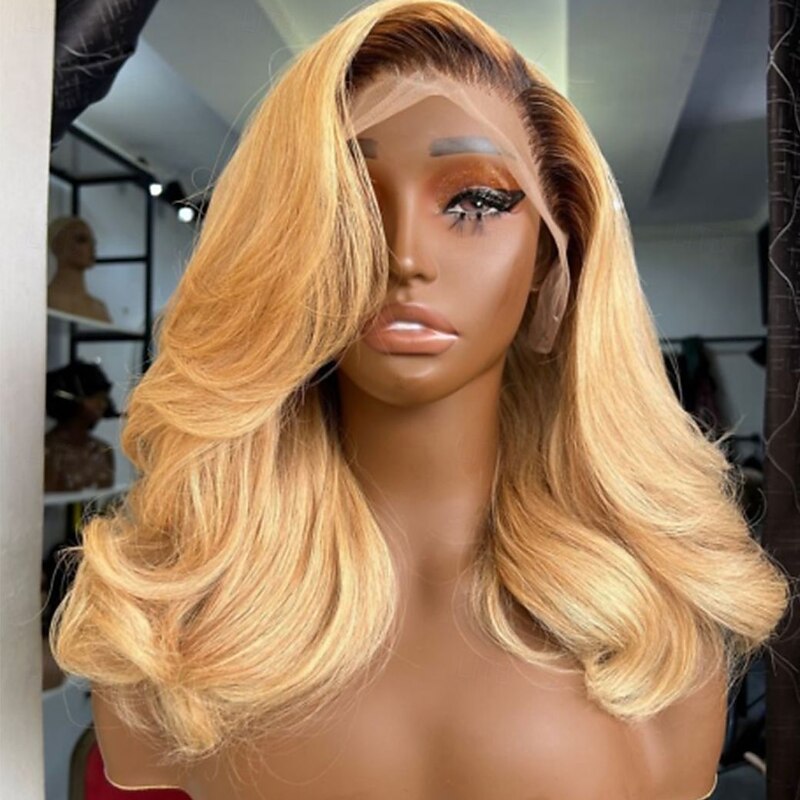 Brazilian Virgin Hair Glueless 13x4 Lace Front Wig Ombre Human Hair Wavy Wig  with Baby Hair Honey Blonde Colored Wigs Pre-Plucked For Women4